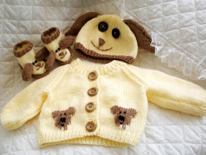 Baby Knitting Pattern Dog Cardigan Hat Boots