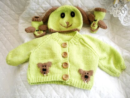 Baby Knitting Pattern Dog Cardigan Hat Boots