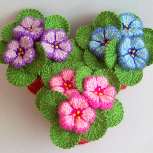 Violets flowers in pots Knitting Pattern .