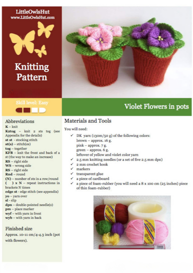 Violets flowers in pots Knitting Pattern .